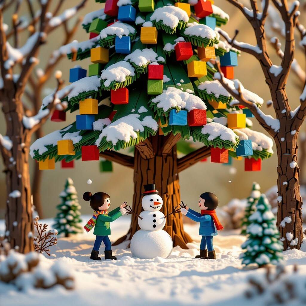 Colorful 3D Winter Tree and Stick Figures