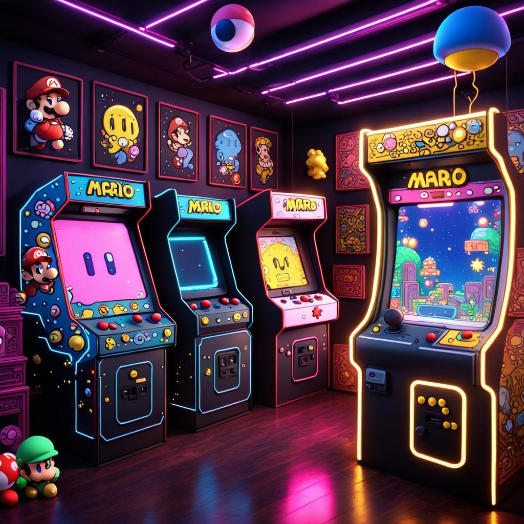 Kawaii Nintendo Arcade Room with Neon Galaxy