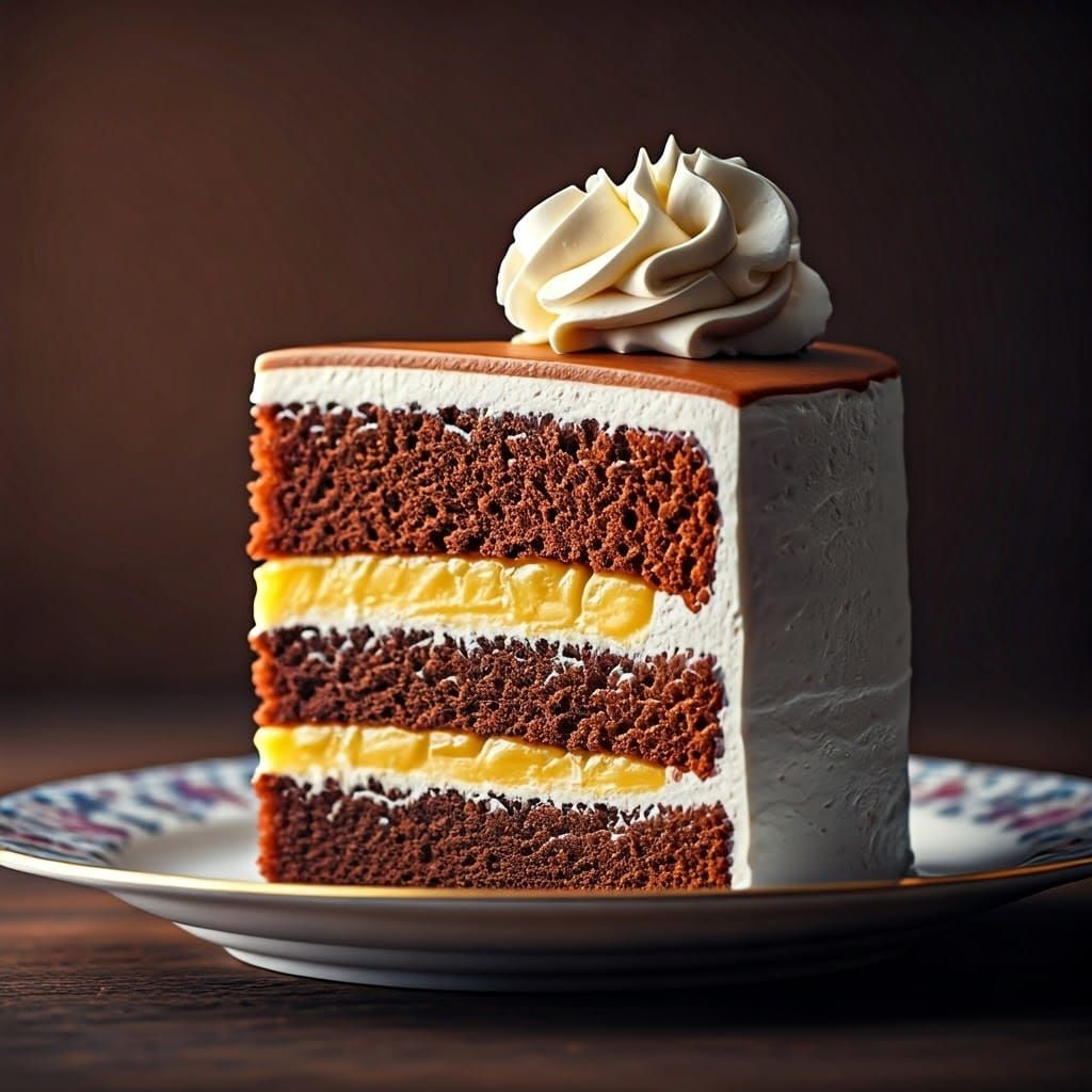 Decadent Cake with Fluffy Frosting: Hyper-Realistic Close-Up