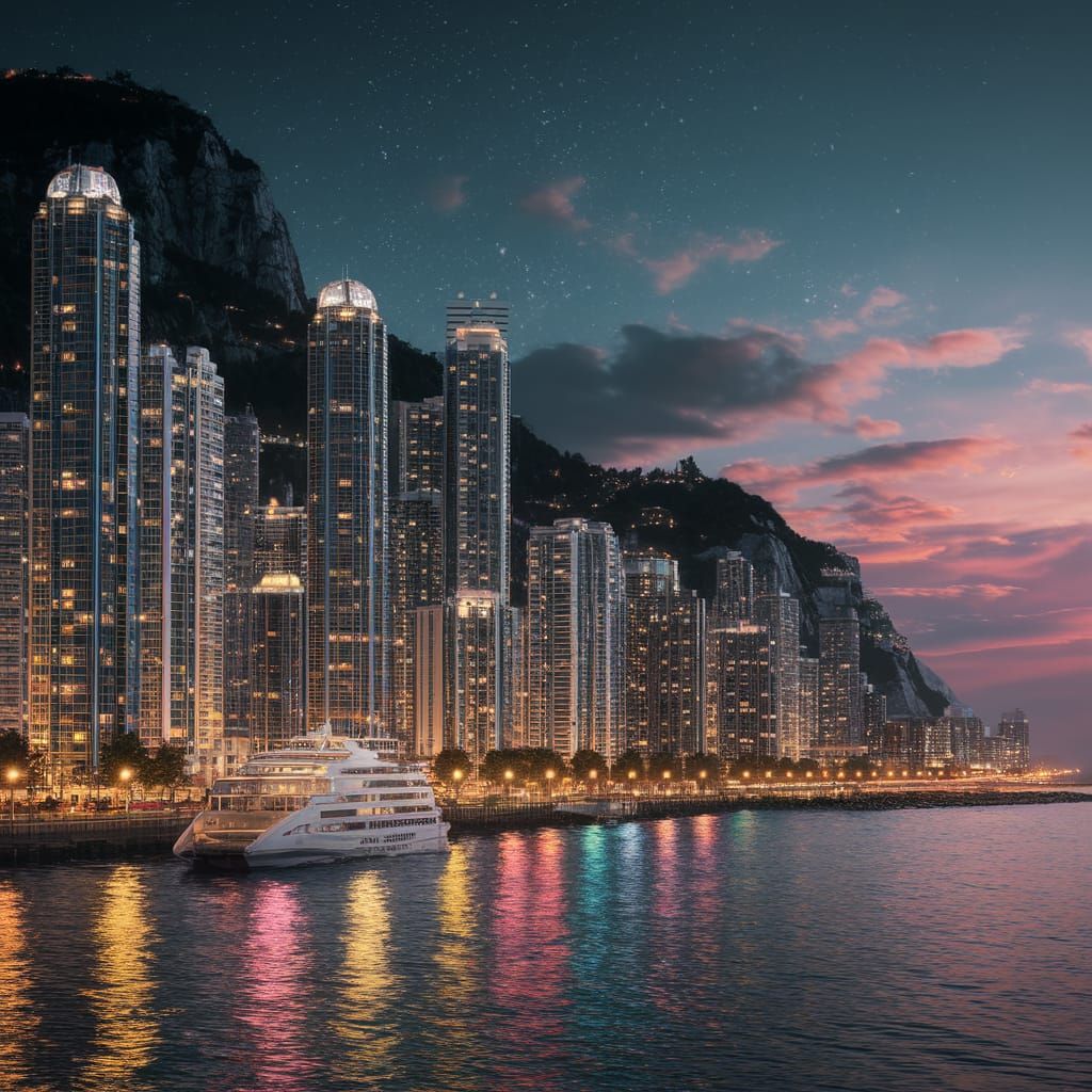 Hyperrealistic Cityscape by the Sea at Night