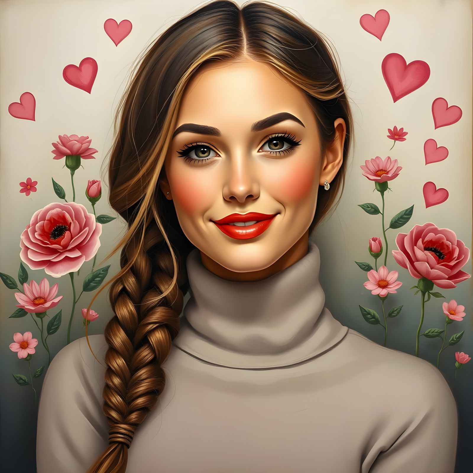 Beautiful Woman Portrait with Flowers in Oil Paint