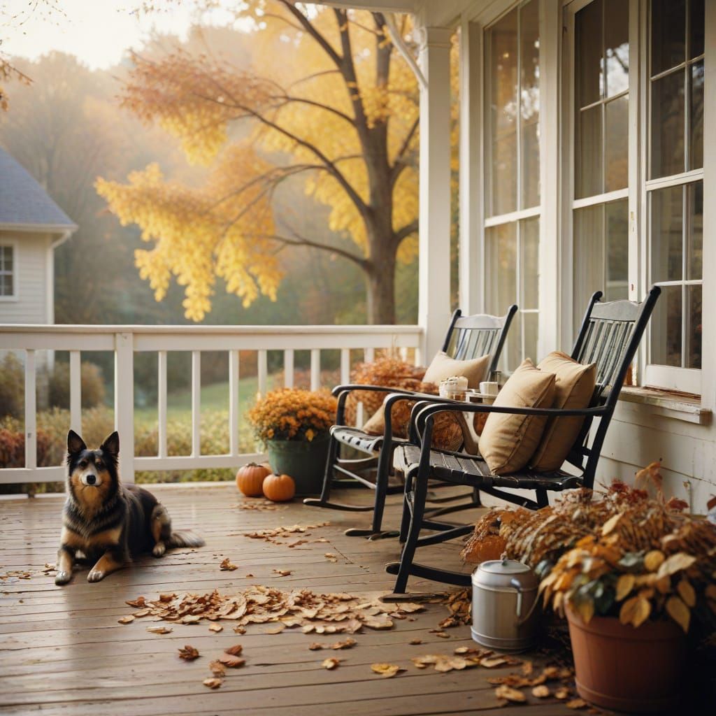 Woman and Dog Enjoying Autumn Porch View in Cinematic Light