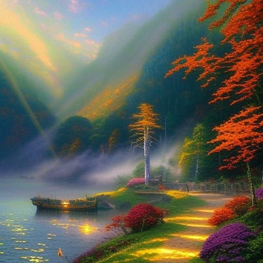 Dragon Frolics in Autumn Mist: Kinkade Style