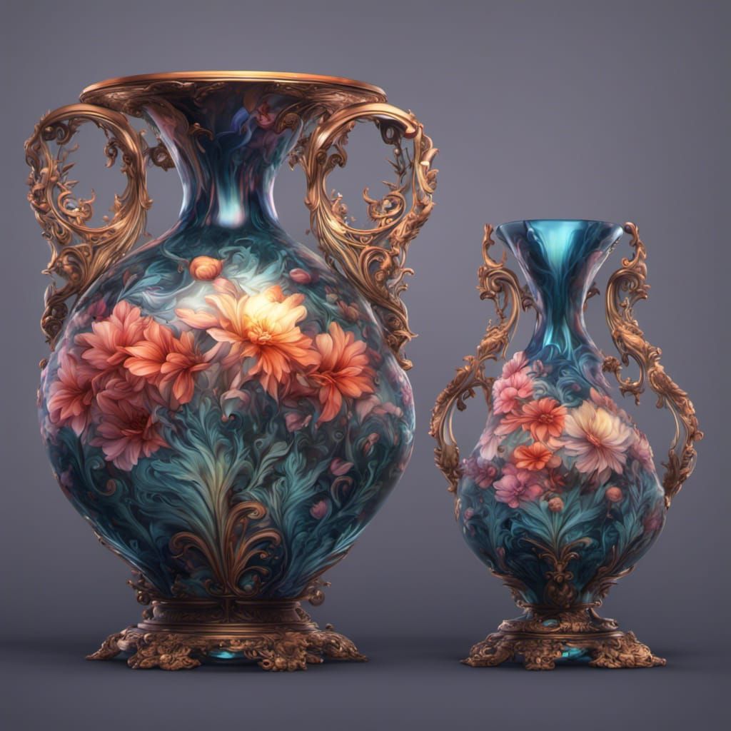 an AI-inspired interpretation of a delicate blown glass vase with intricate floral patterns.