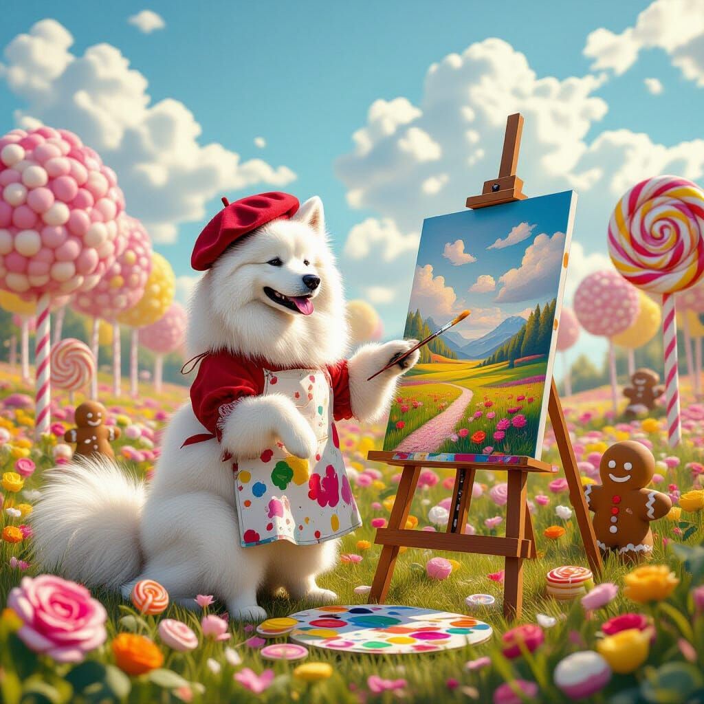 Samoyed Dog as Renaissance Painter in Candy Meadow