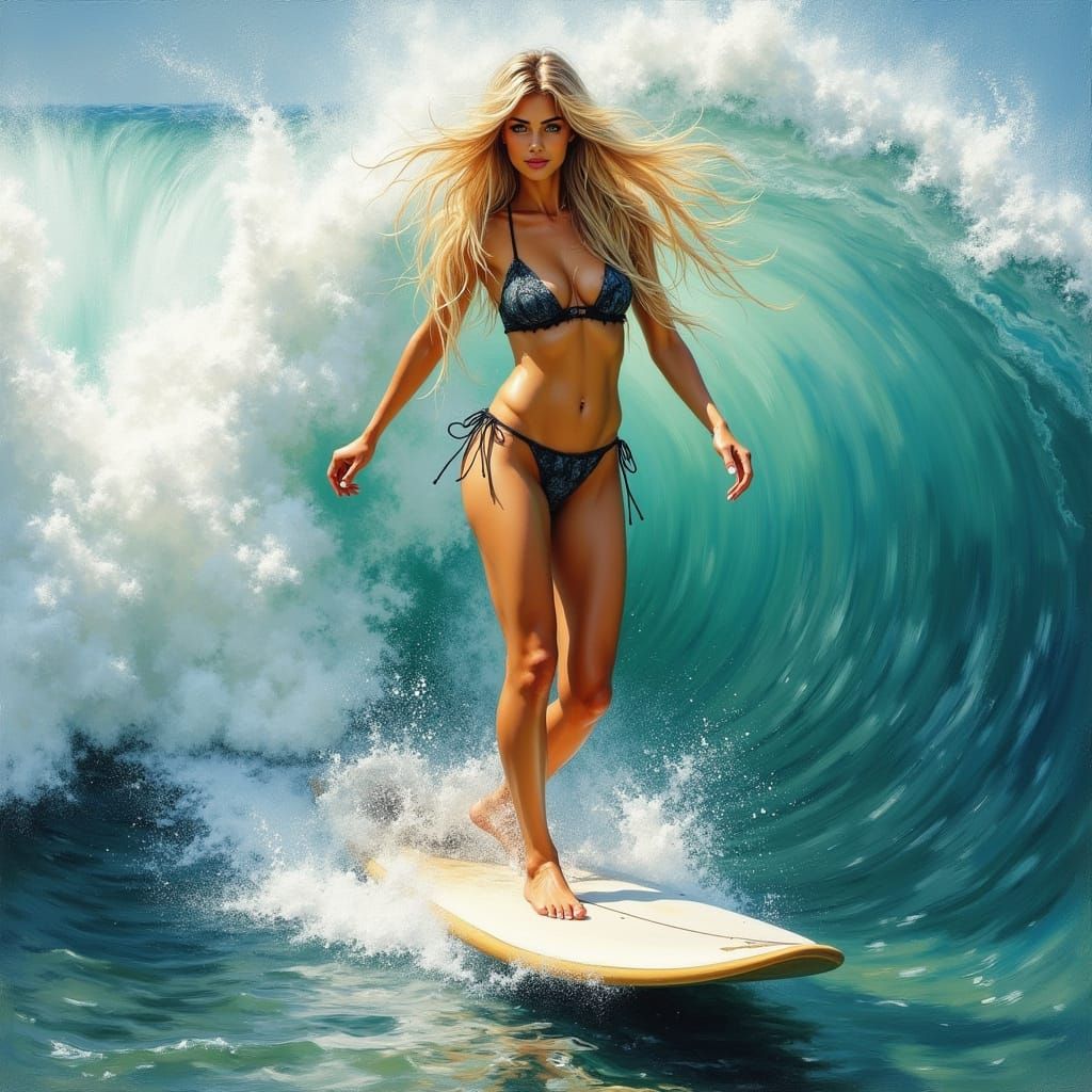 Woman Rides Wave: Hyper-Realistic Painting