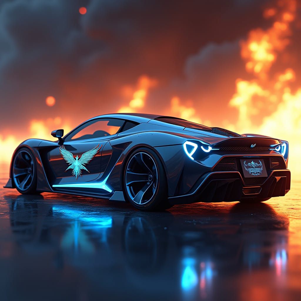 Futuristic Sports Car with Garuda Vinyl Sticker and Blazing....