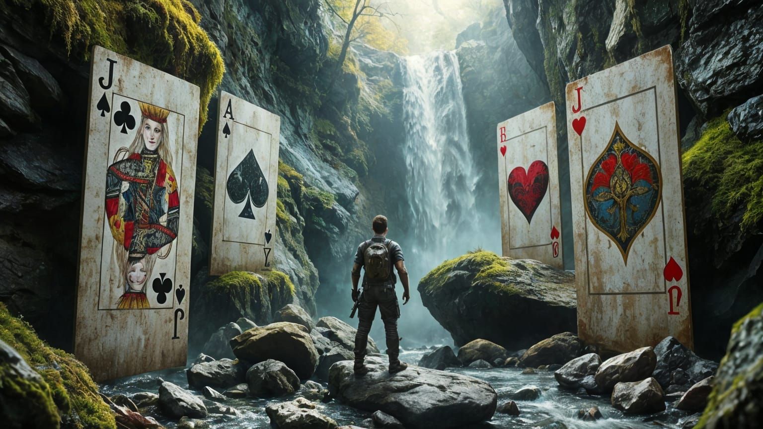 Adventurer in Trading Card Valley with Waterfall