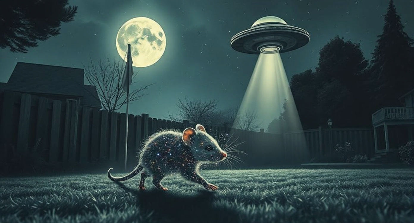 Possum Walks Towards UFO: Hyperdetailed Charcoal Drawing