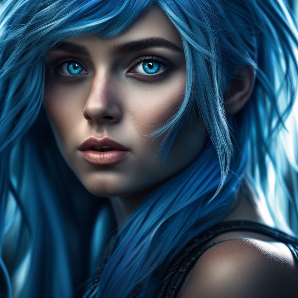 Hyperrealistic Portrait of Blue-Haired Beauty