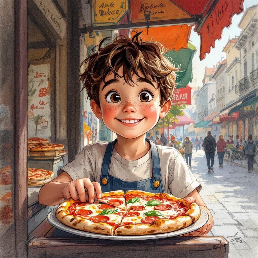 Young Boy Sells Pizza in Detailed Pencil Sketch Style