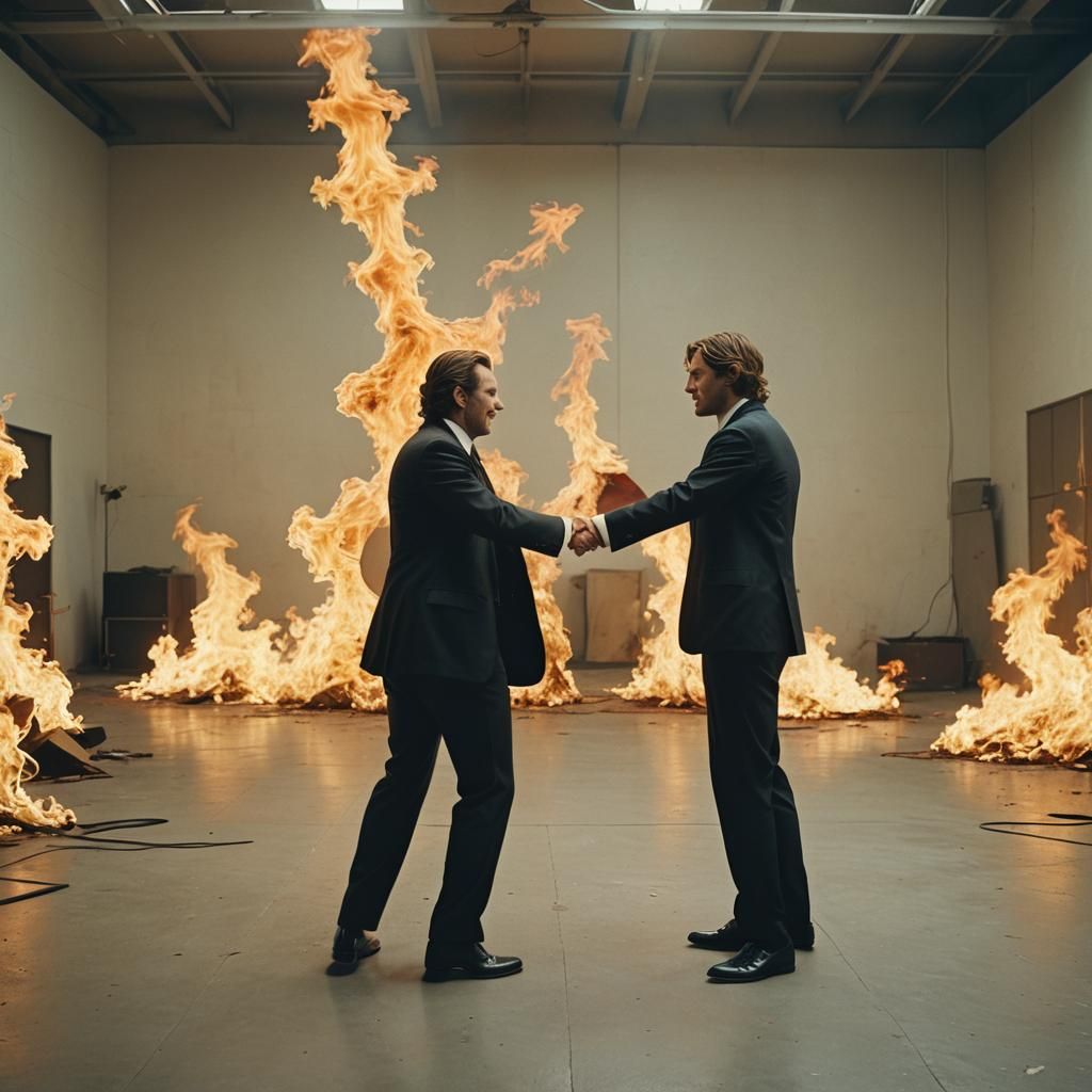 Surreal Image: Man on Fire Shaking Hands