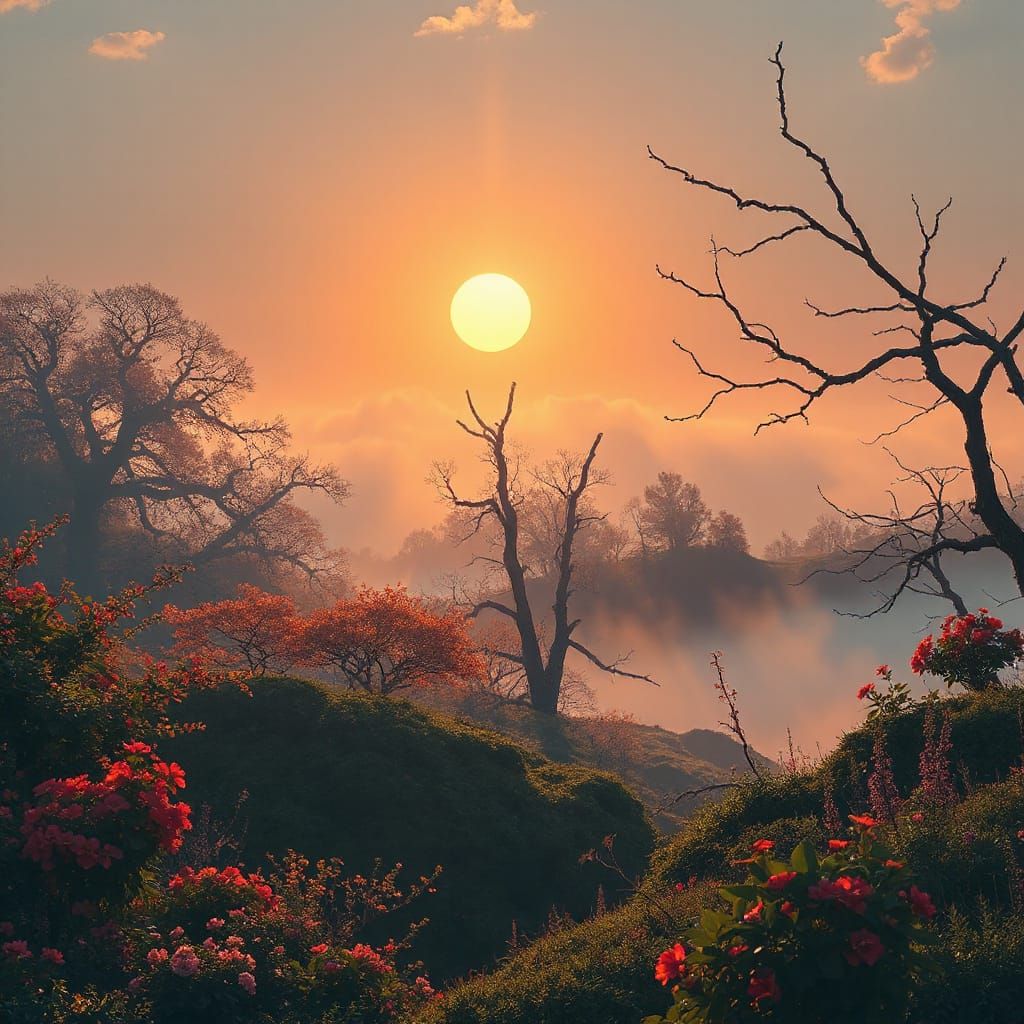 Sunlit Mist Landscape with Flora and Trees