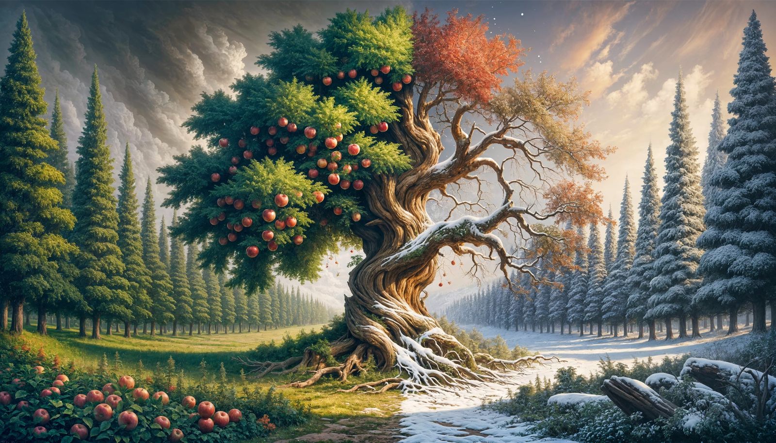 Tree of Contrasting Seasons in Realist Style
