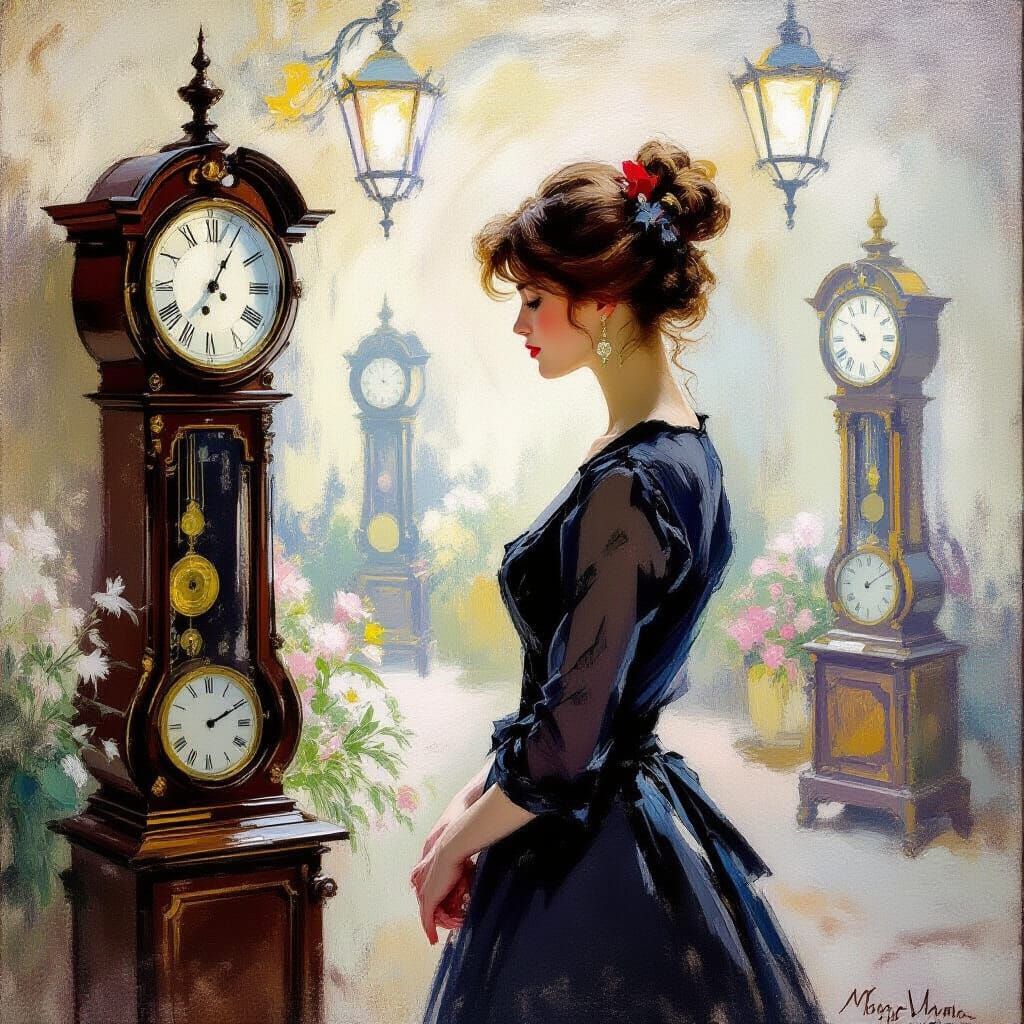Impressionist Woman Among Vintage Clocks