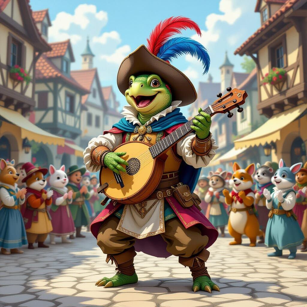 Medieval Turtle Bard Plays for Cheering Animals