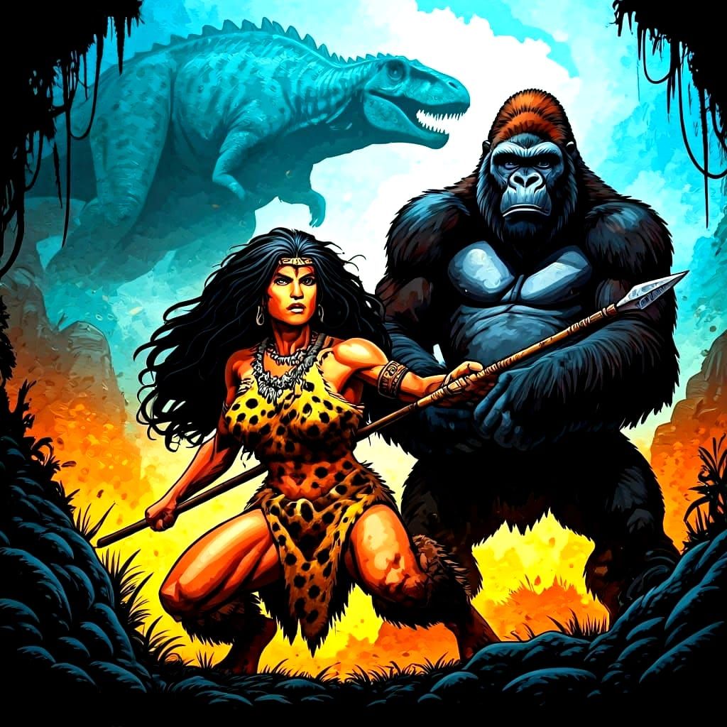 Cavewoman Comic Art with Dinosaurs and Gorillas
