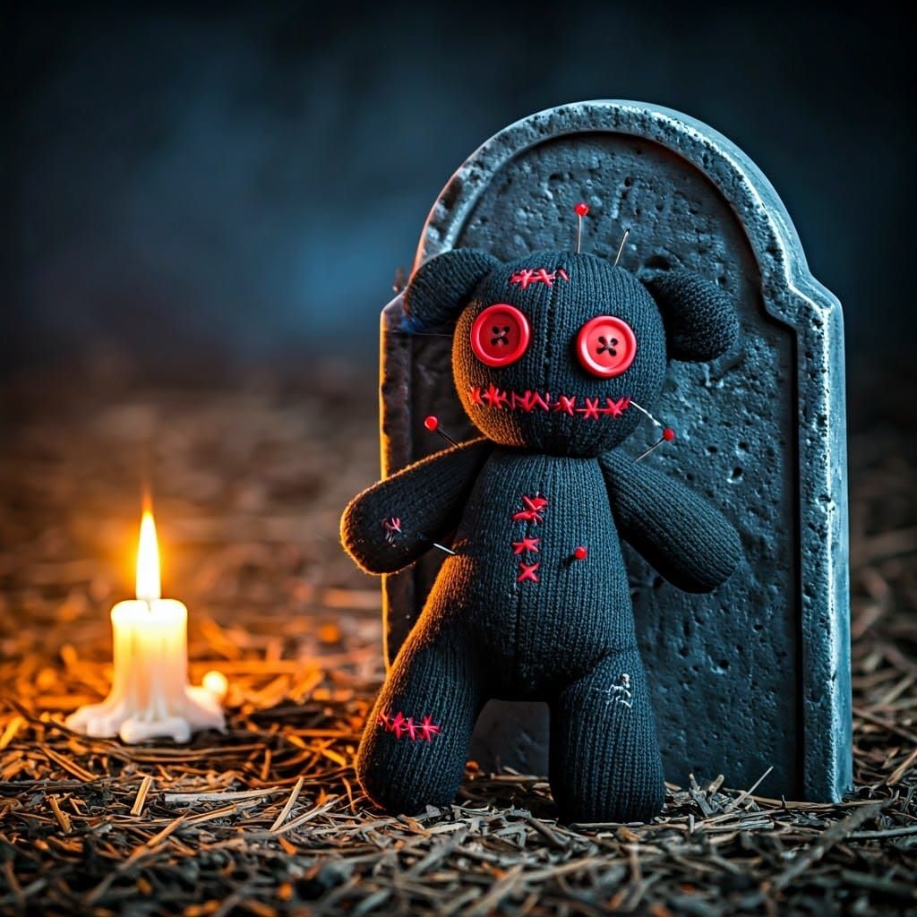 Creepy Voodoo Doll with Pins and Gravestone