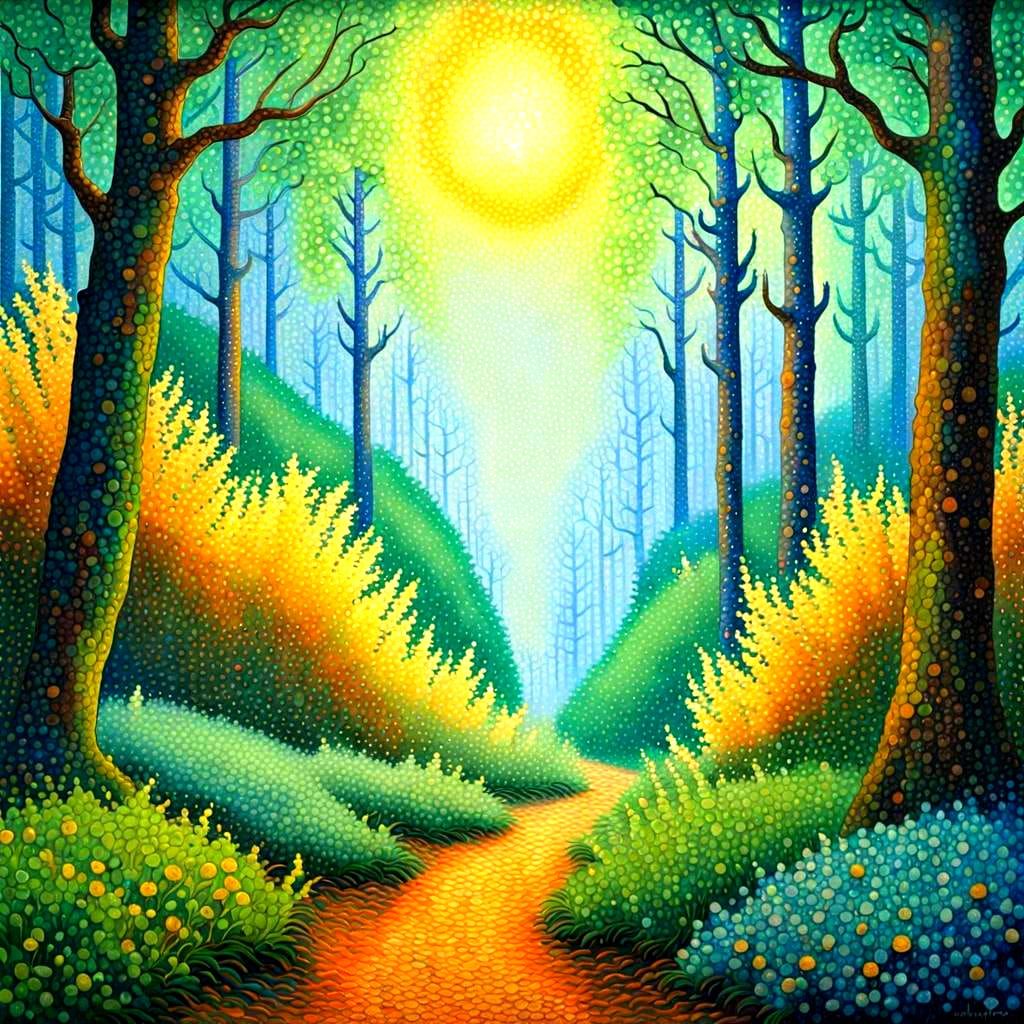 Detailed Pointillist Painting in Lush Colors