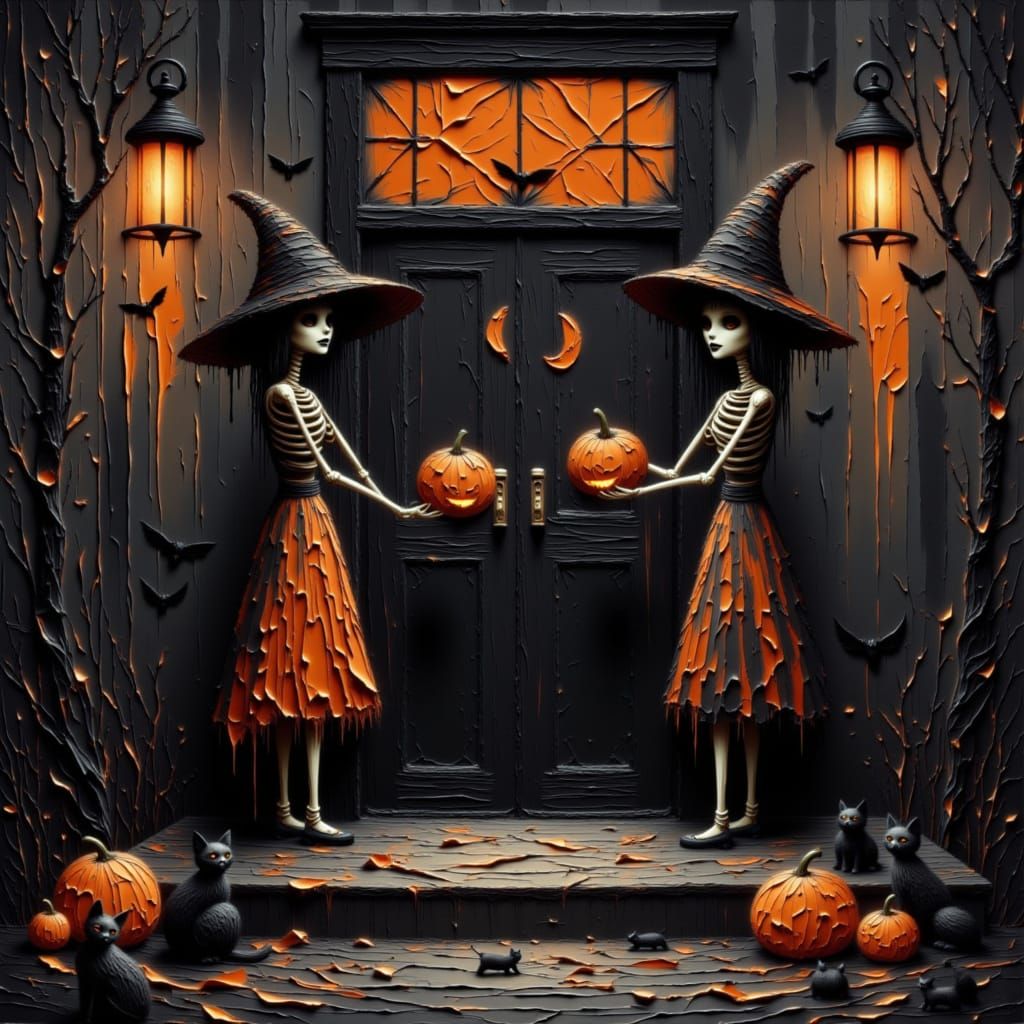 Halloween Skeletons Guard Door with Bats and Cats