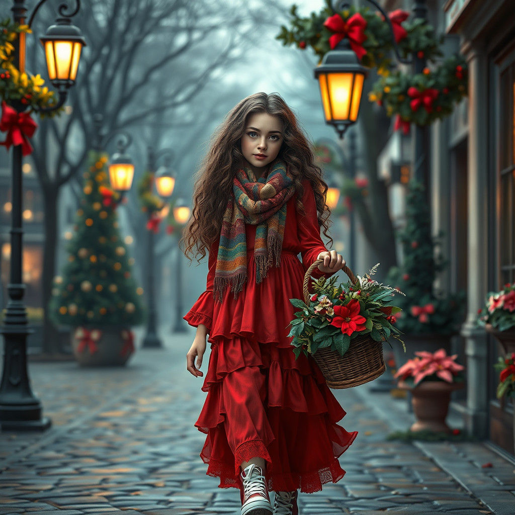 Boho Girl with Flower Basket in Art Nouveau Style