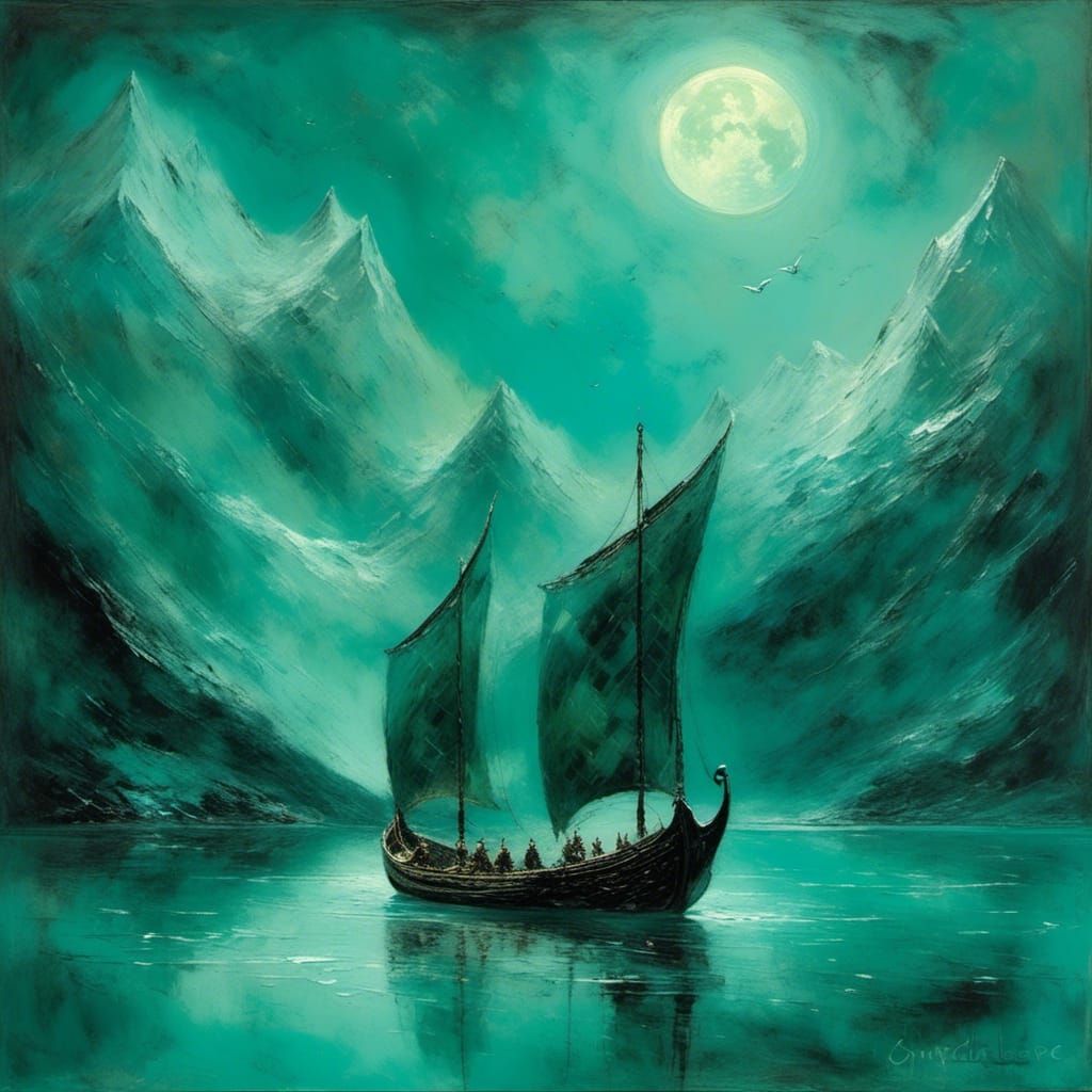 Viking Longship on Turquoise Waters in Surreal Style