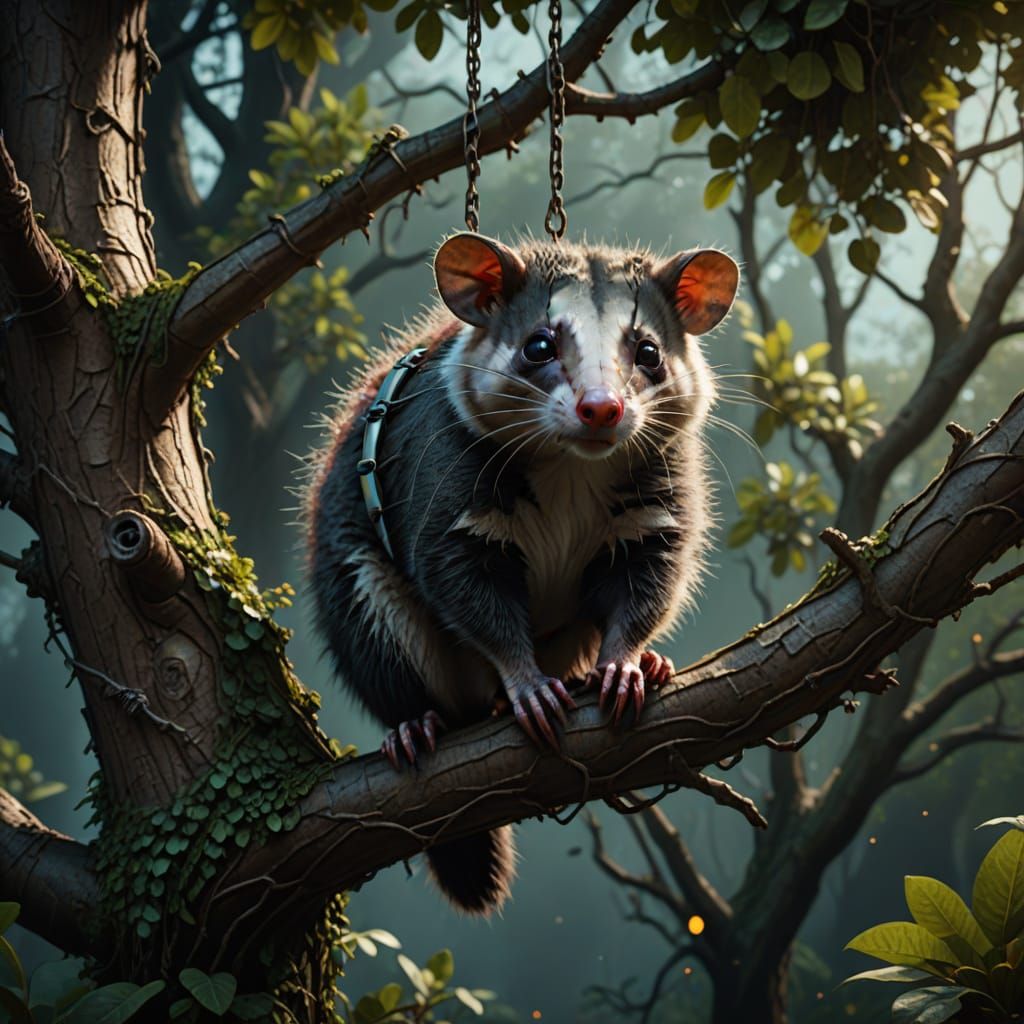 Opossum Suspended in Vibrant Fantasy Scene