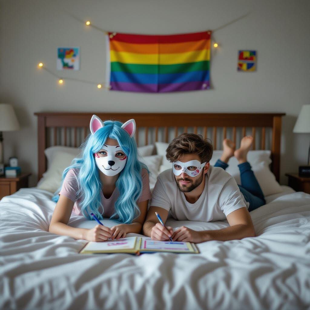 Blue-Haired Person with Dog Mask in Film Still Style