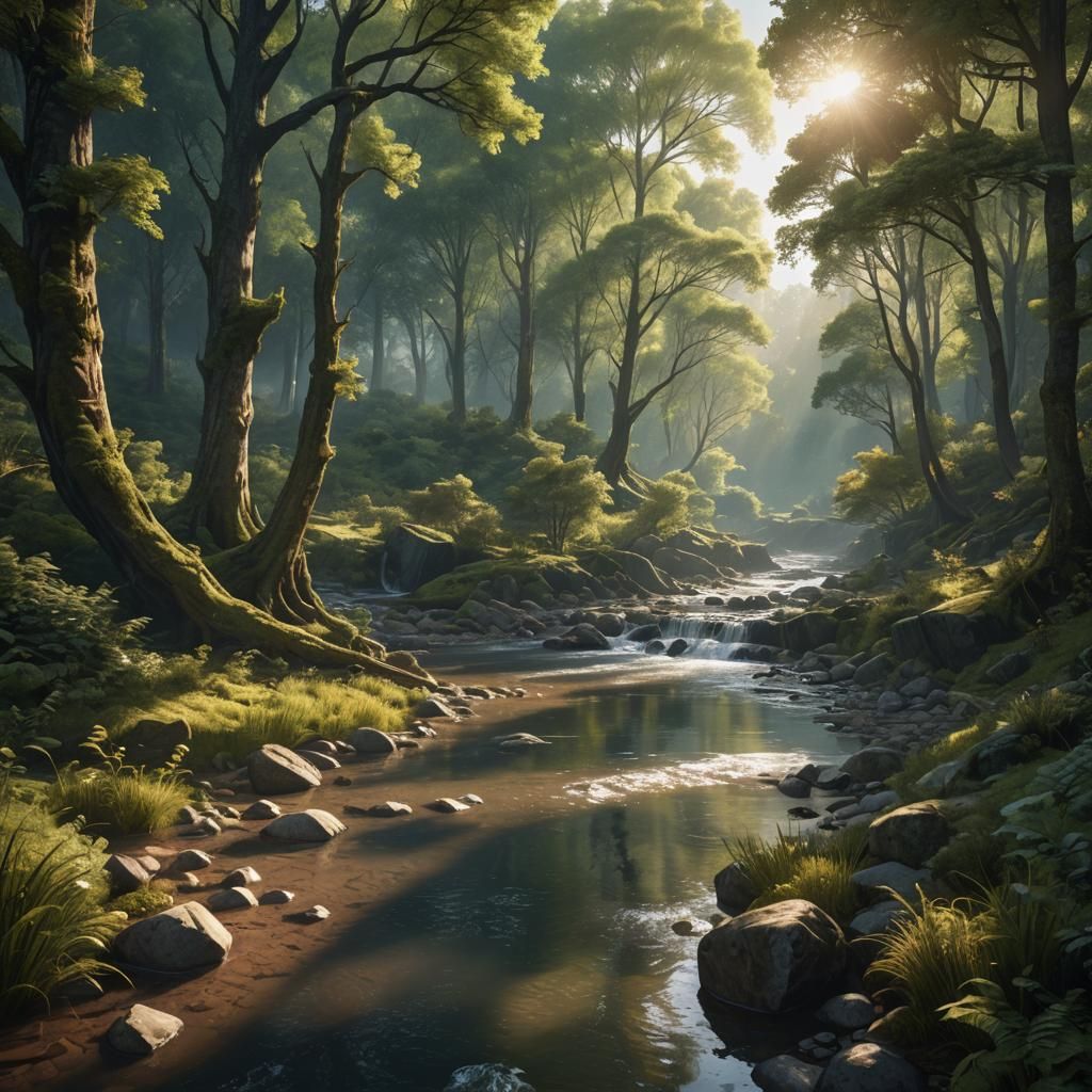 Lush River Landscape in Morning Sunlight