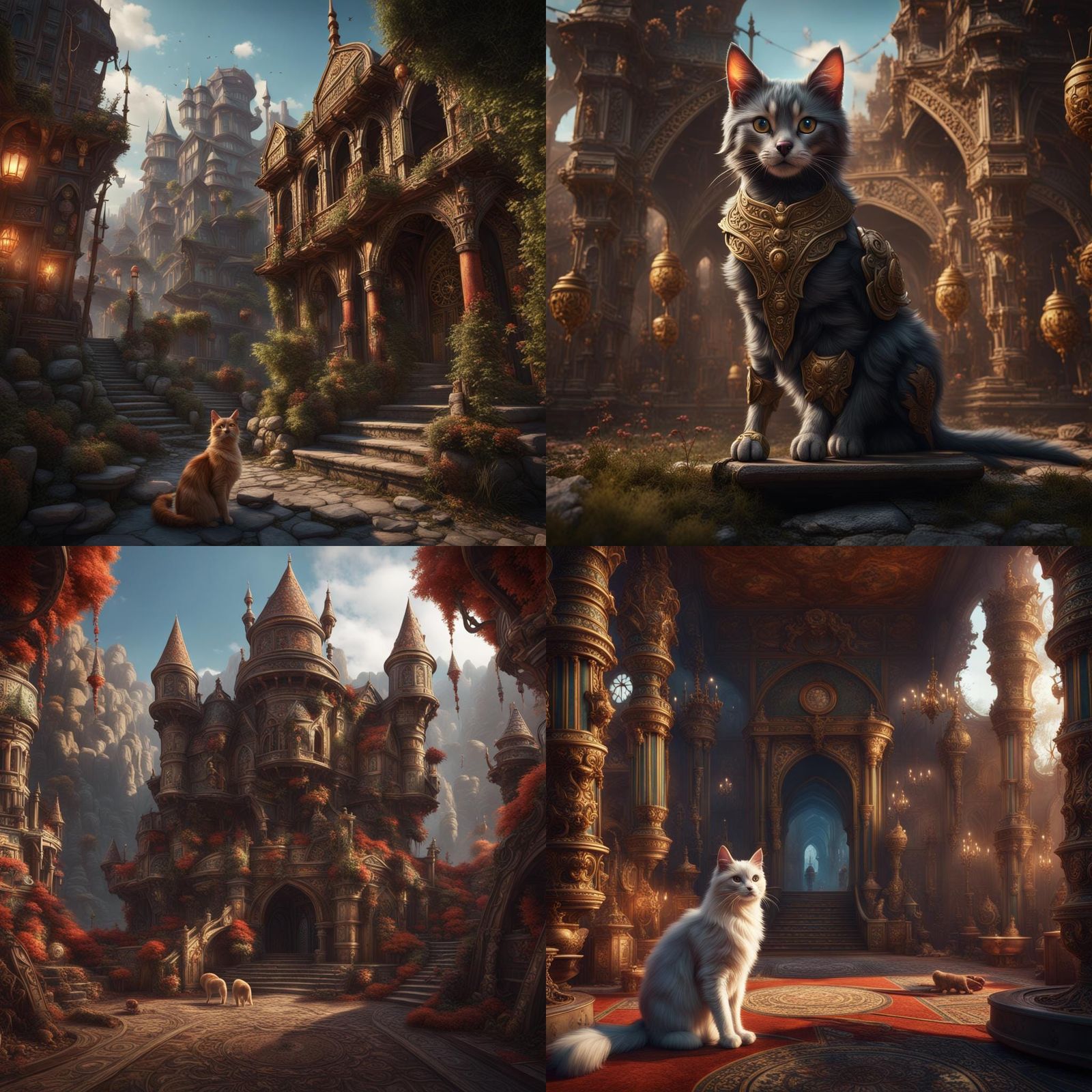 Happy Cat and Dog Eating: Detailed Matte Painting