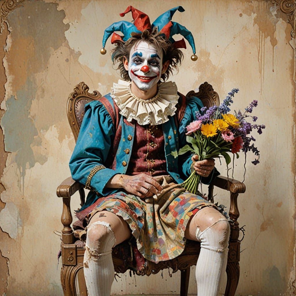 Charming Eccentric Jester with Unruly Hair and Flowers