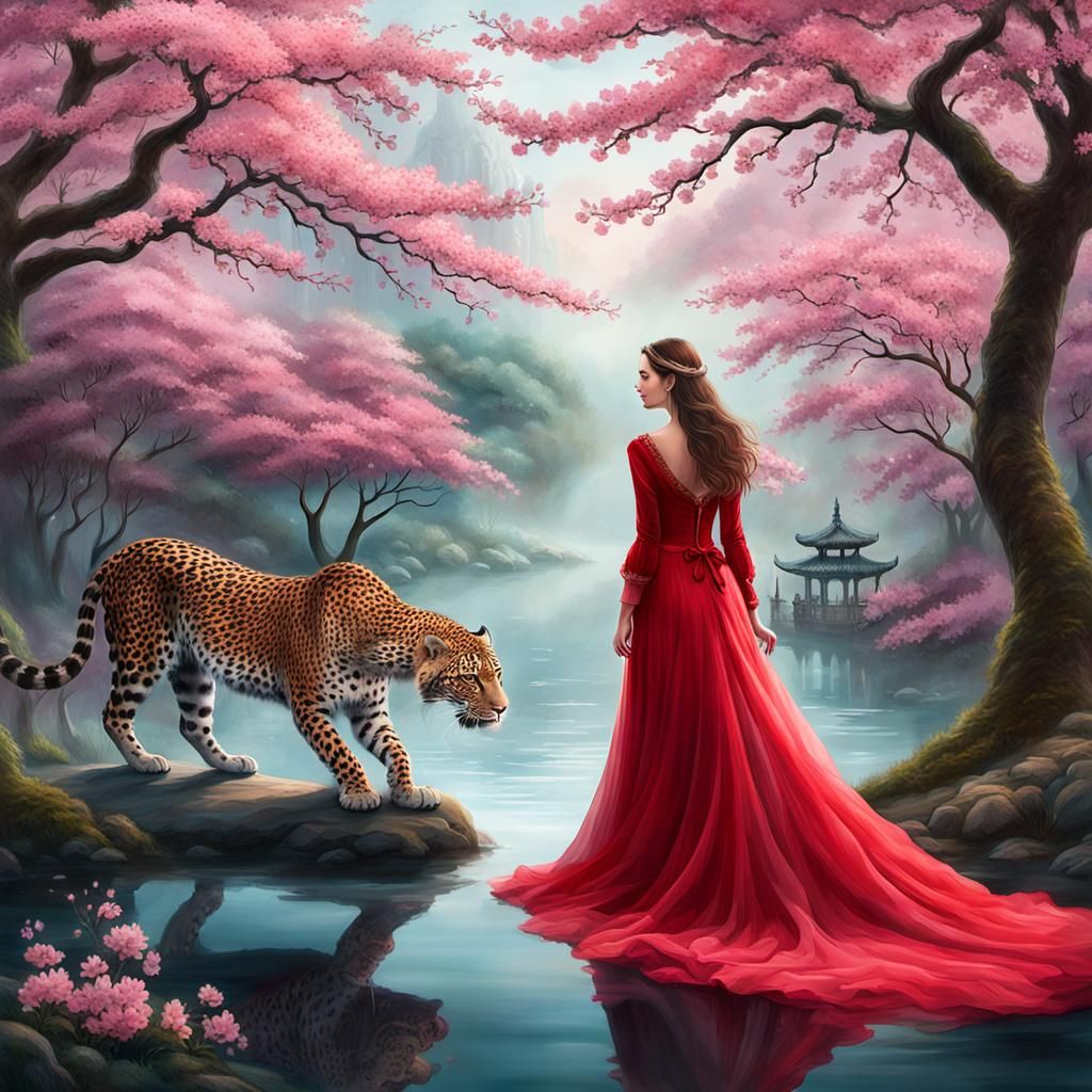 Woman and Leopard in Enchanted Forest: Fantasy Art