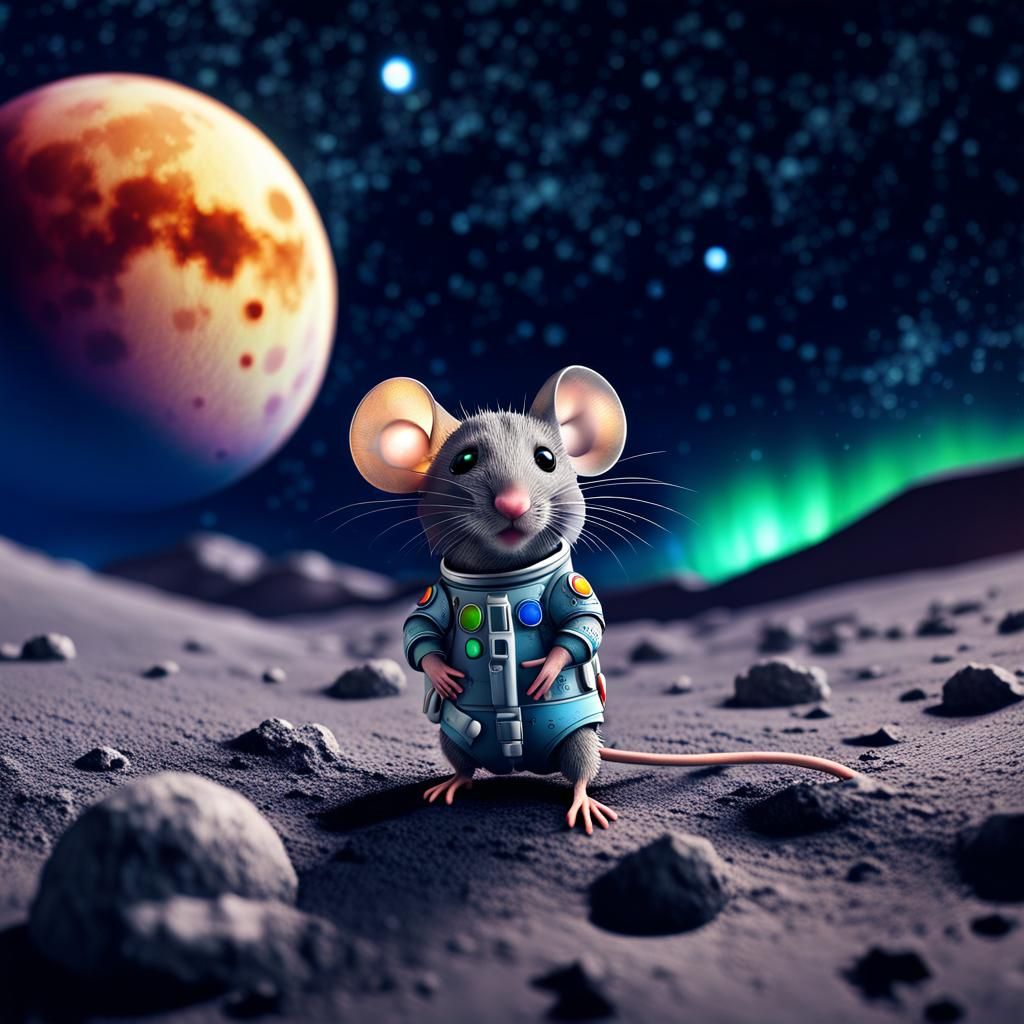 Chibi Mouse on Moon with Starry Night Sky