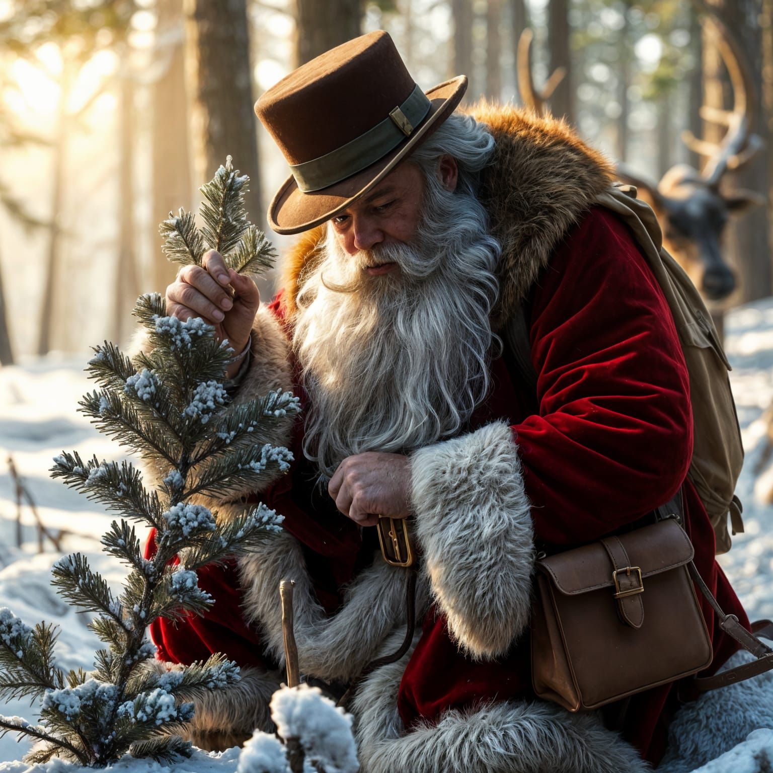Santa Claus as Victorian Explorer in Snowy Forest