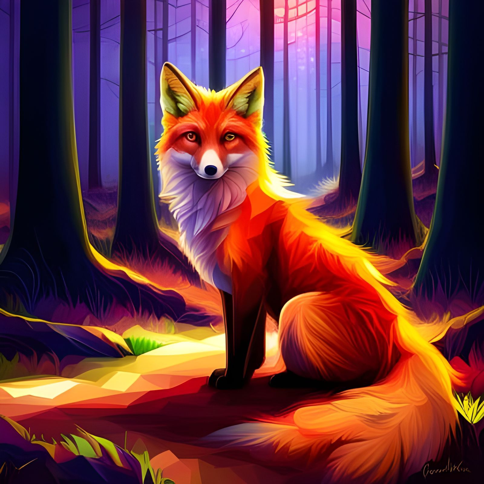 Fantastical Fox in Mushroom Forest: Fractal Polygon Art