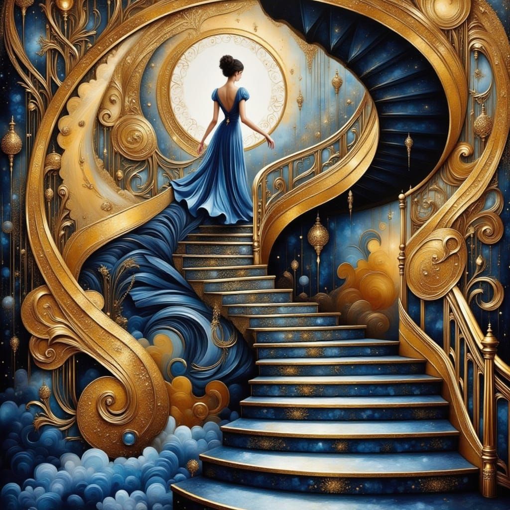 Surreal Spiraling Stairway with Woman in Blue Dress