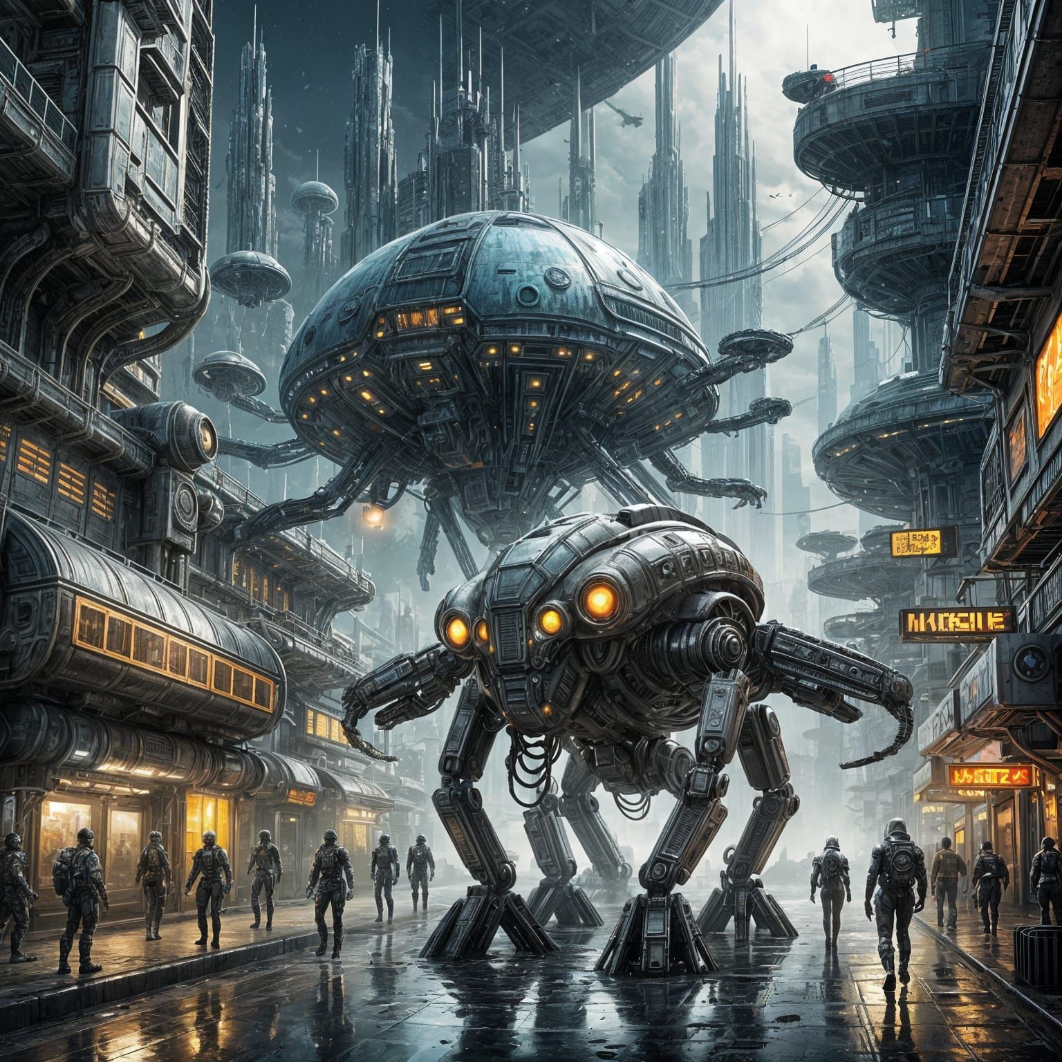 Cyberpunk Aliens and Robots in Futuristic City