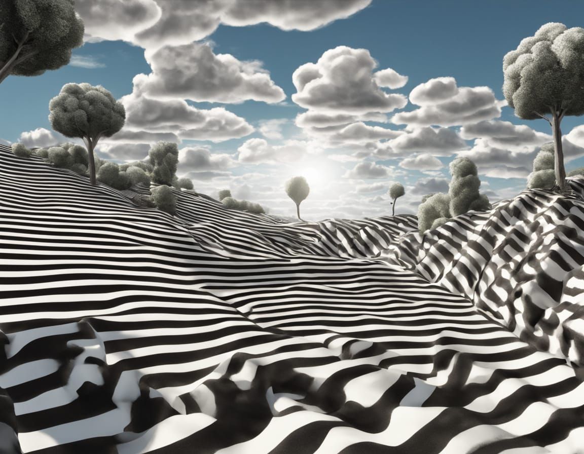 Hyperrealistic Surrealist Landscape of Striped Wonders