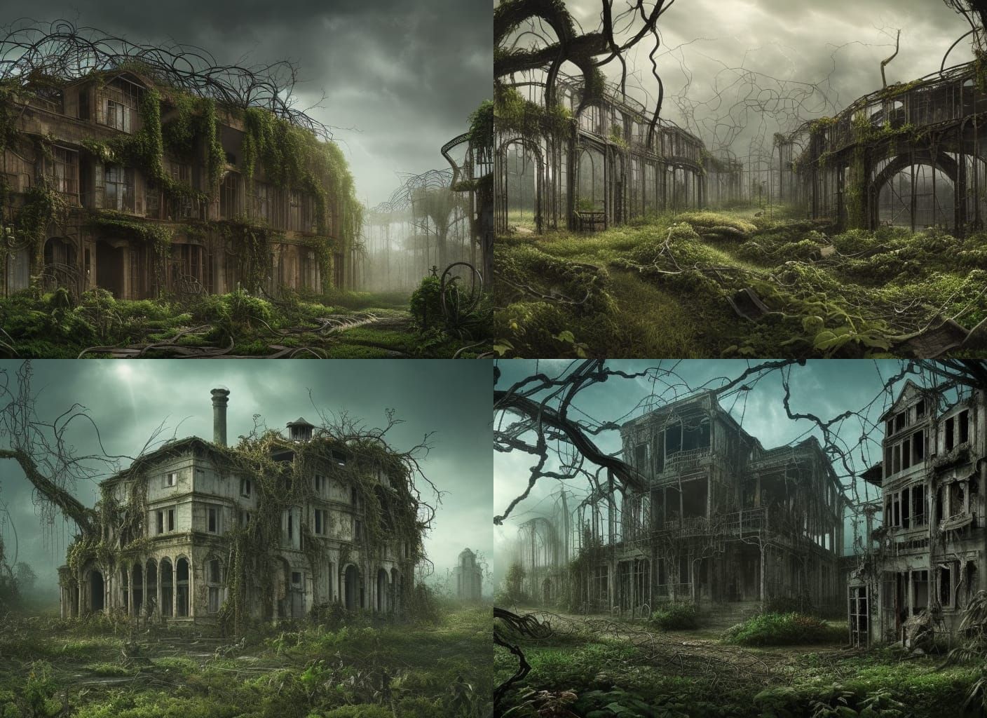 Dystopian Cityscape: Steel and Vines in Digital Art