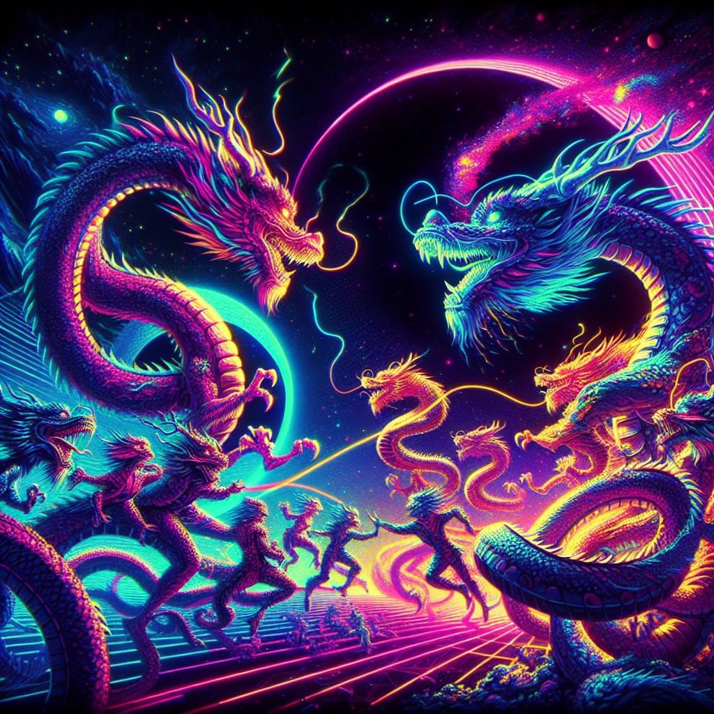 Neon Dragons Dancing in Synthwave Style