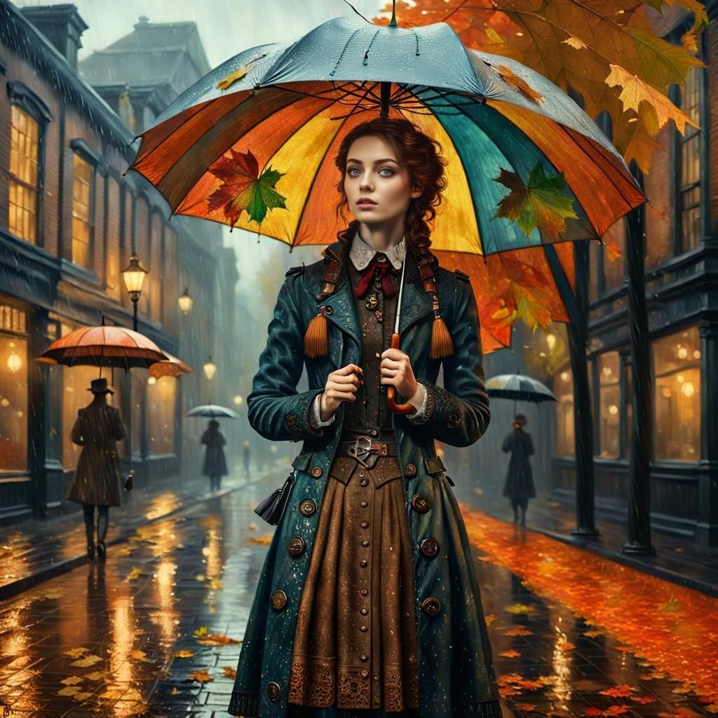 Rainy Victorian Woman in Gothic Steampunk Style