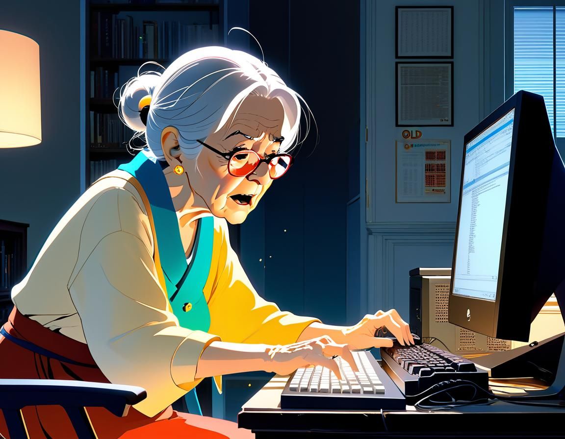 Anime Old Woman Yelling at Computer