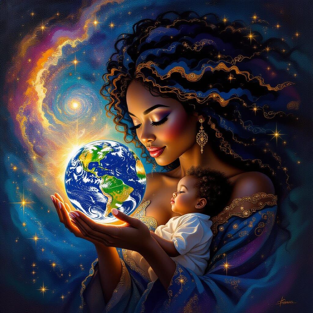 Mother Earth Giving Birth to the World in Cosmic Art Style