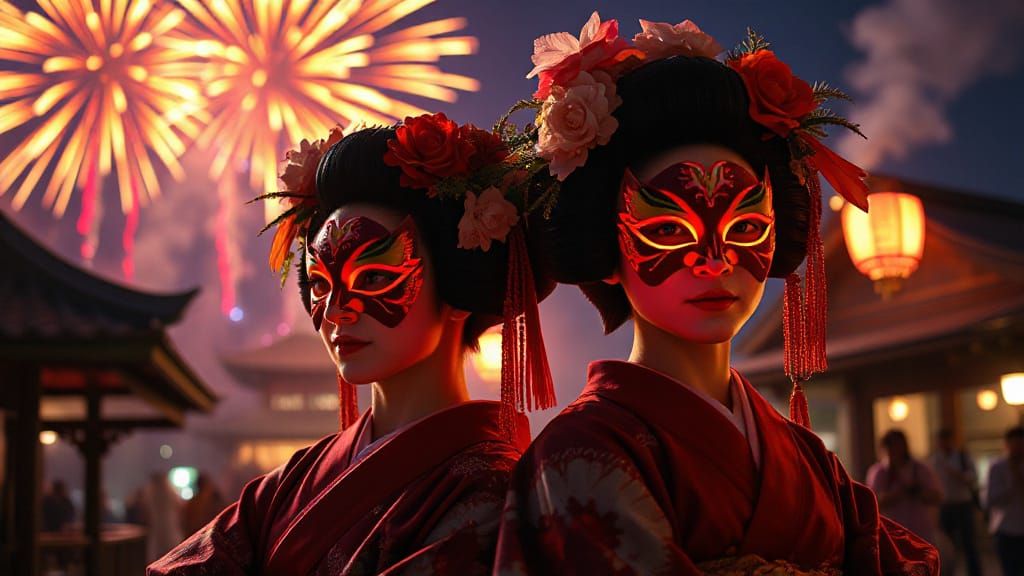 Geishas in Masks at Summer Festival, Art Nouveau Style