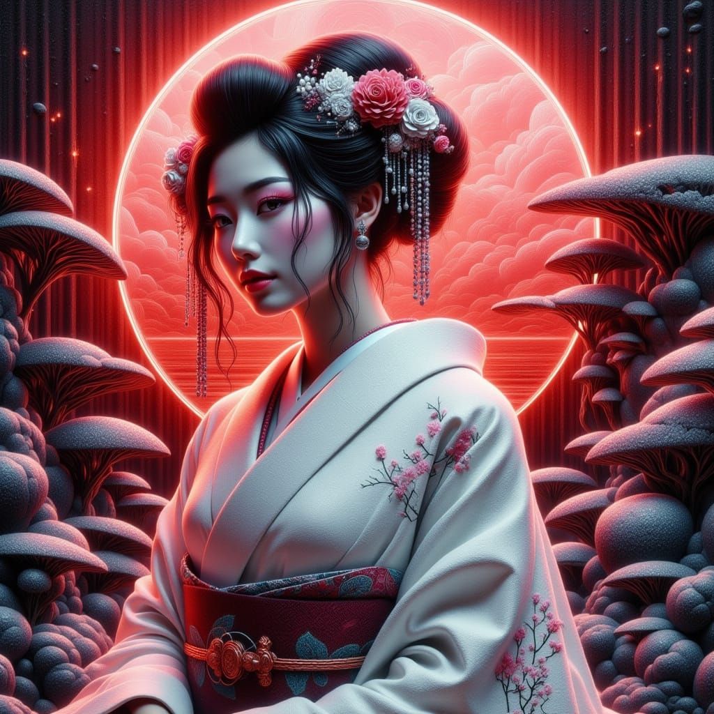 Vibrant Geisha in a Moody Japanese Garden