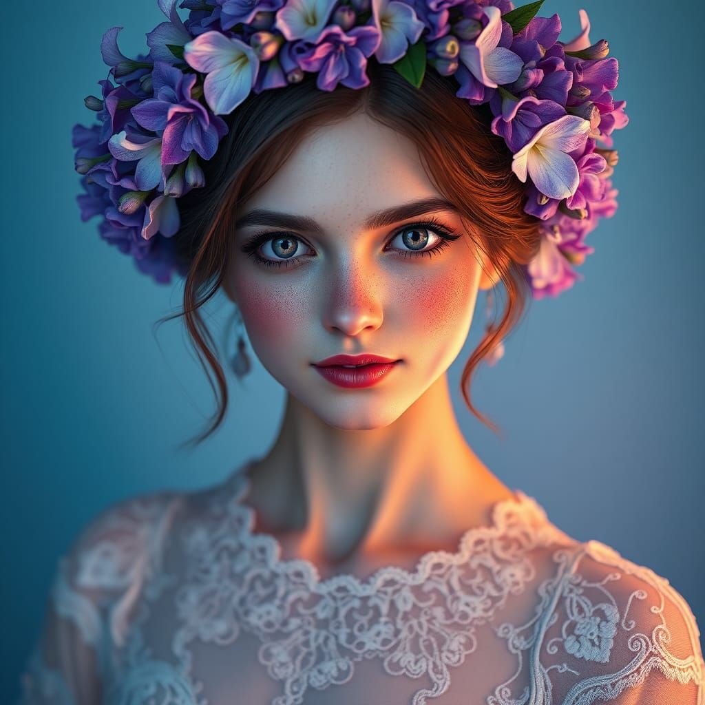 Violet-Eyed Woman Portrait in Art Nouveau Style