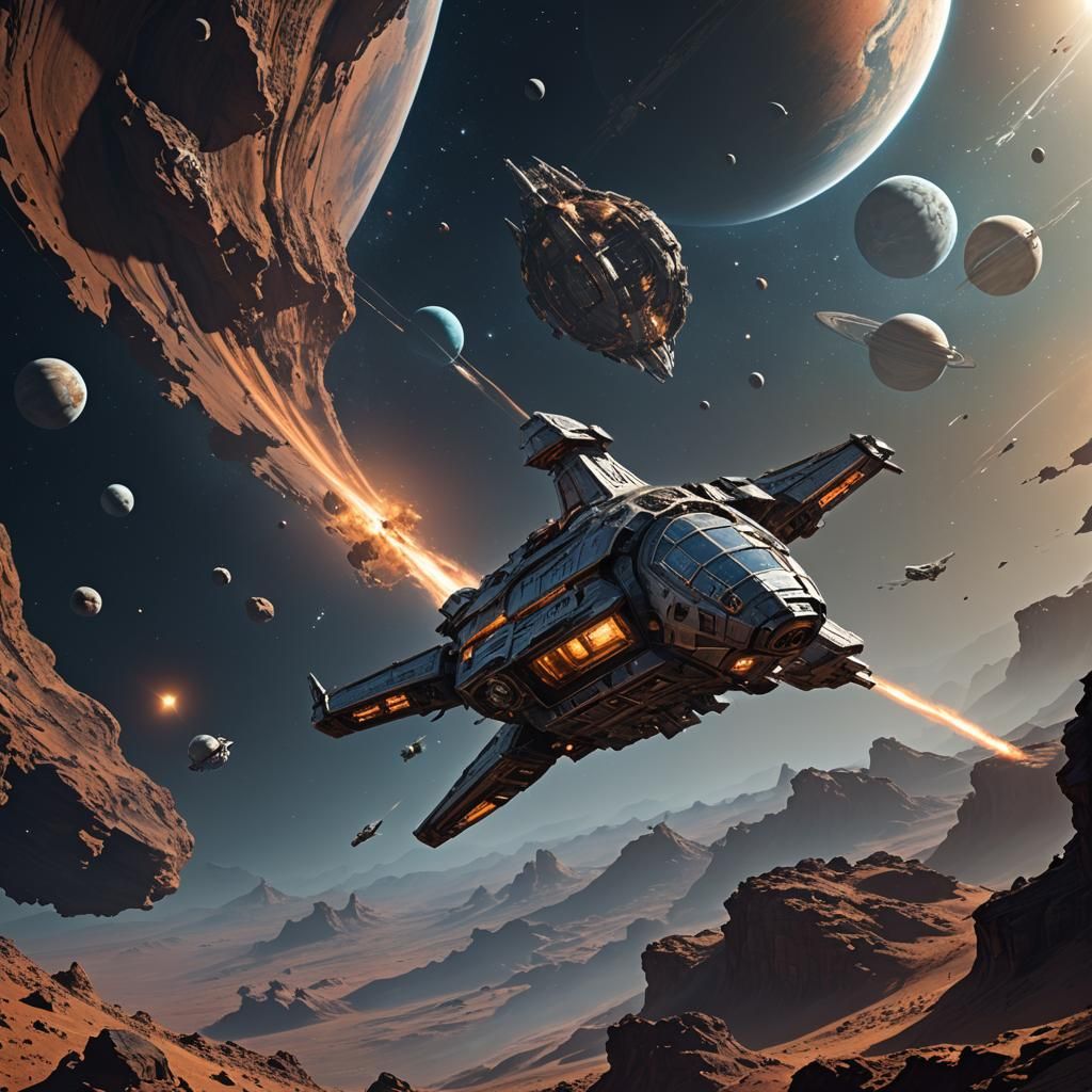 lonely scavenger spaceship flying in space, gathering and pi...