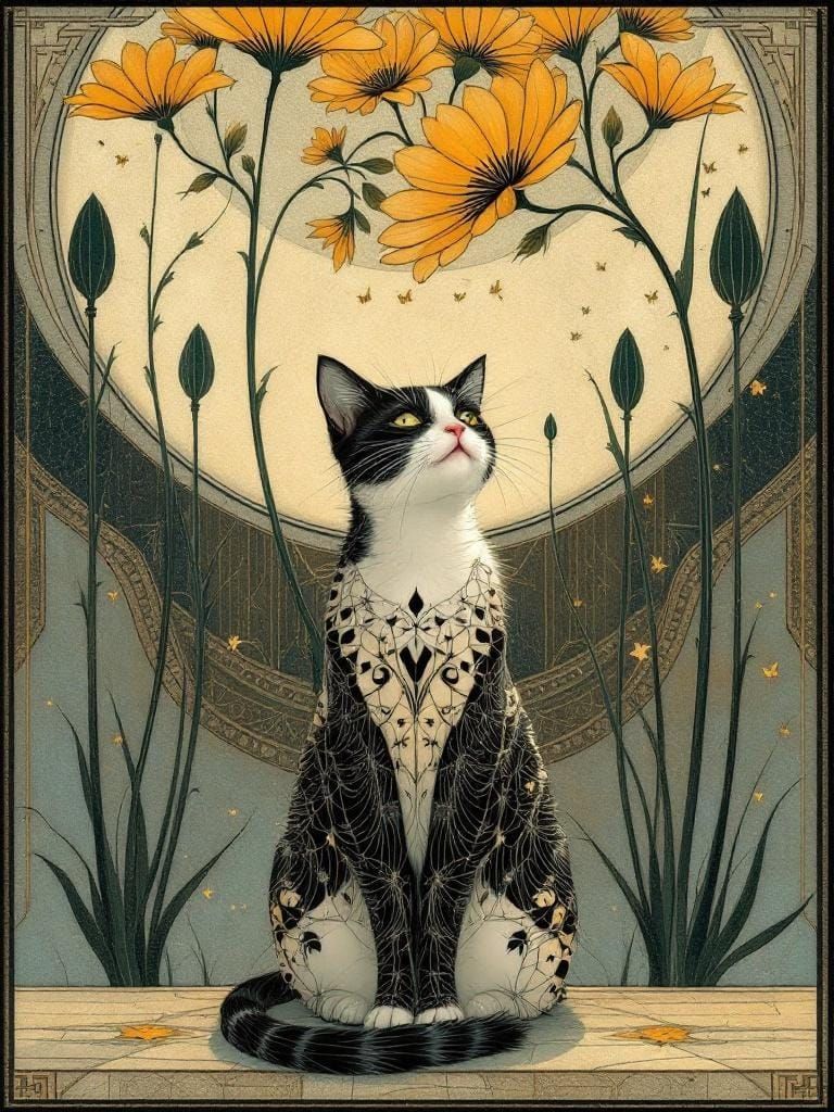 Art Nouveau Cat Under Flower in Nielsen-Clarke Style