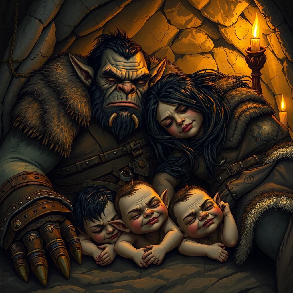 Cozy Orc Family Sleep in Candlelit Cave