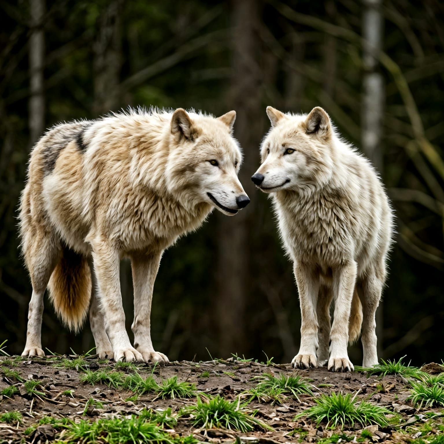 Two Tundra Wolves Observe Prey in Snowy Landscape